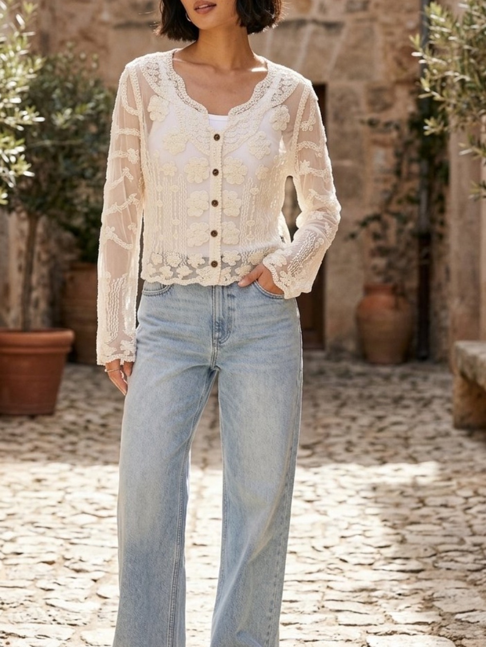 New Crochet Lace Button-Front Sheer Cardigan in Cream